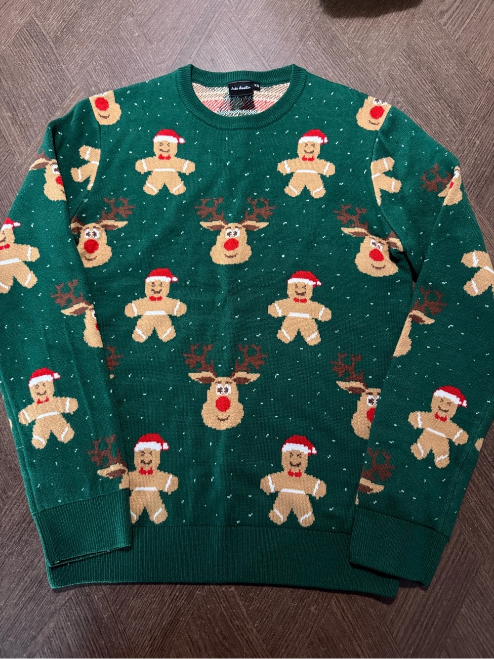 Men’s Green Holiday Crewneck Sweater with Gingerbread & Reindeer Motif- sz XS
